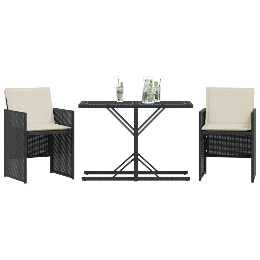 3-tlg. Bistro-Set mit Kissen Schwarz Poly Rattan