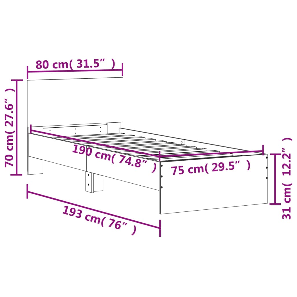 Bettgestell mit Kopfteil Schwarz 75x190 cm Holzwerkstoff