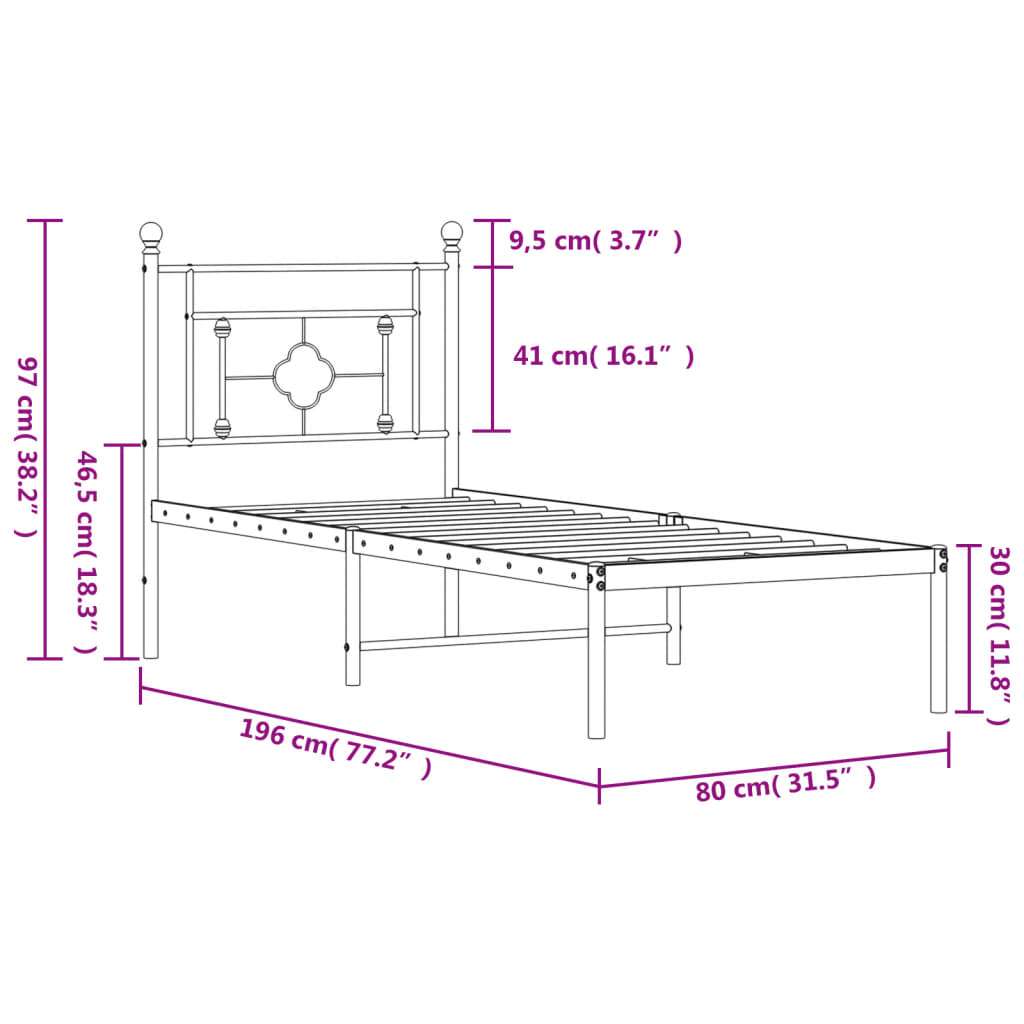 Bettgestell mit Kopfteil Metall Schwarz 75x190 cm