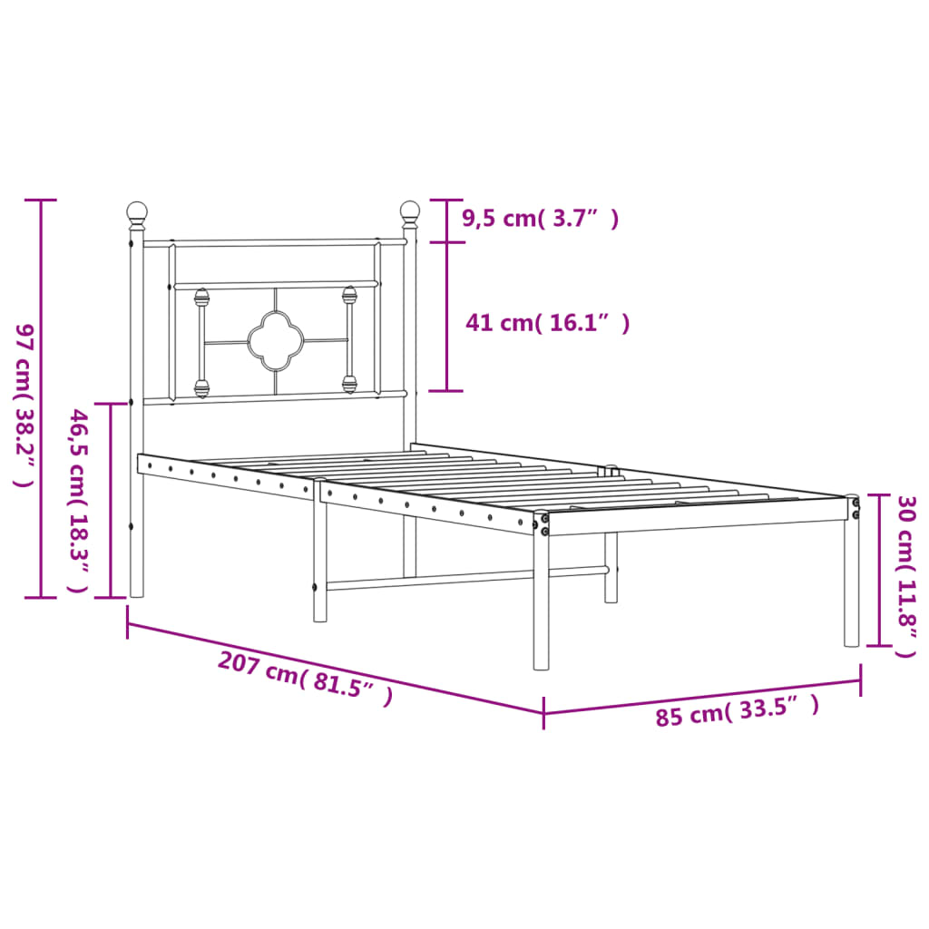 Bettgestell mit Kopfteil Metall Schwarz 80x200 cm