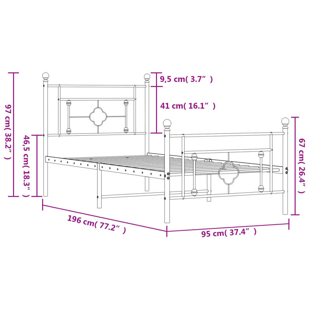 Bettgestell mit Kopf- und Fußteil Metall Schwarz 90x190 cm