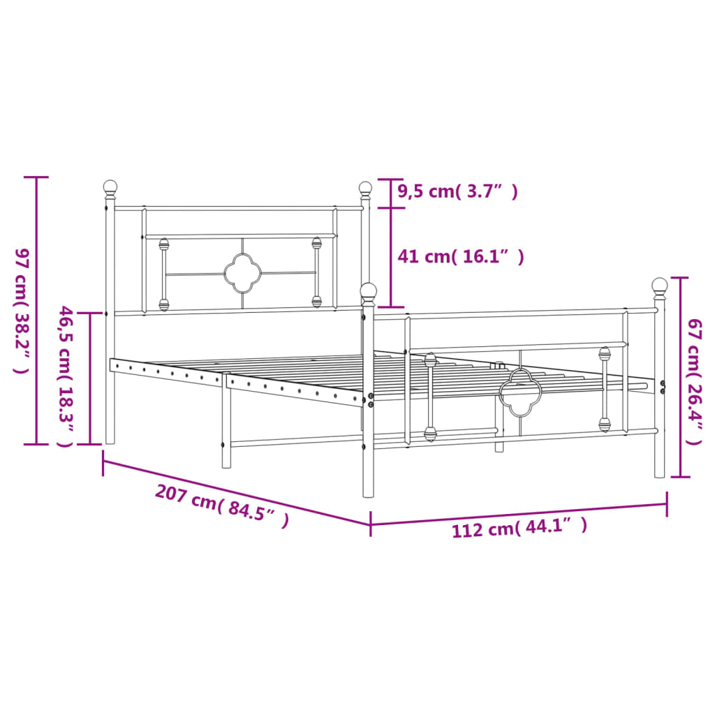 Bettgestell mit Kopf- und Fußteil Metall Schwarz 107x203 cm