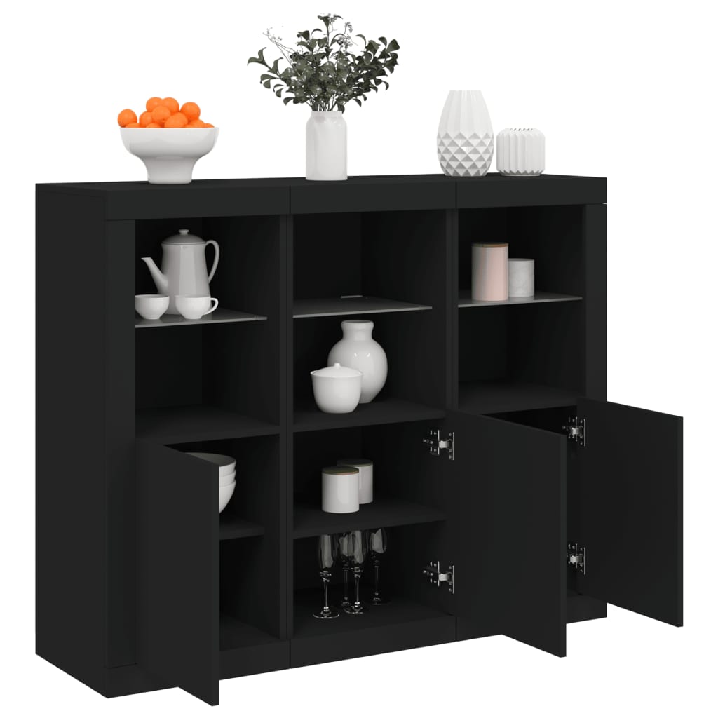 Sideboards mit LED-Leuchten 3 Stk. Schwarz Holzwerkstoff