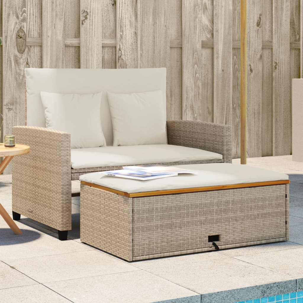 Gartensofa mit Kissen 2-Sitzer Beige Poly Rattan & Akazienholz