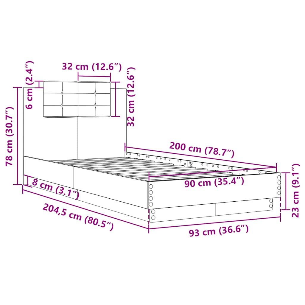 Bettgestell mit Kopfteil Braun Eichen-Optik 90x200 cm