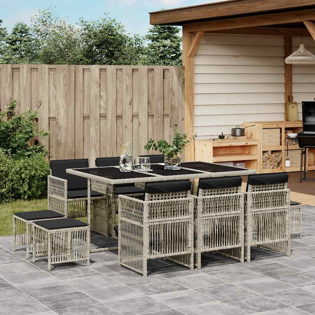 11-tlg. Garten-Essgruppe mit Kissen Hellgrau Poly Rattan