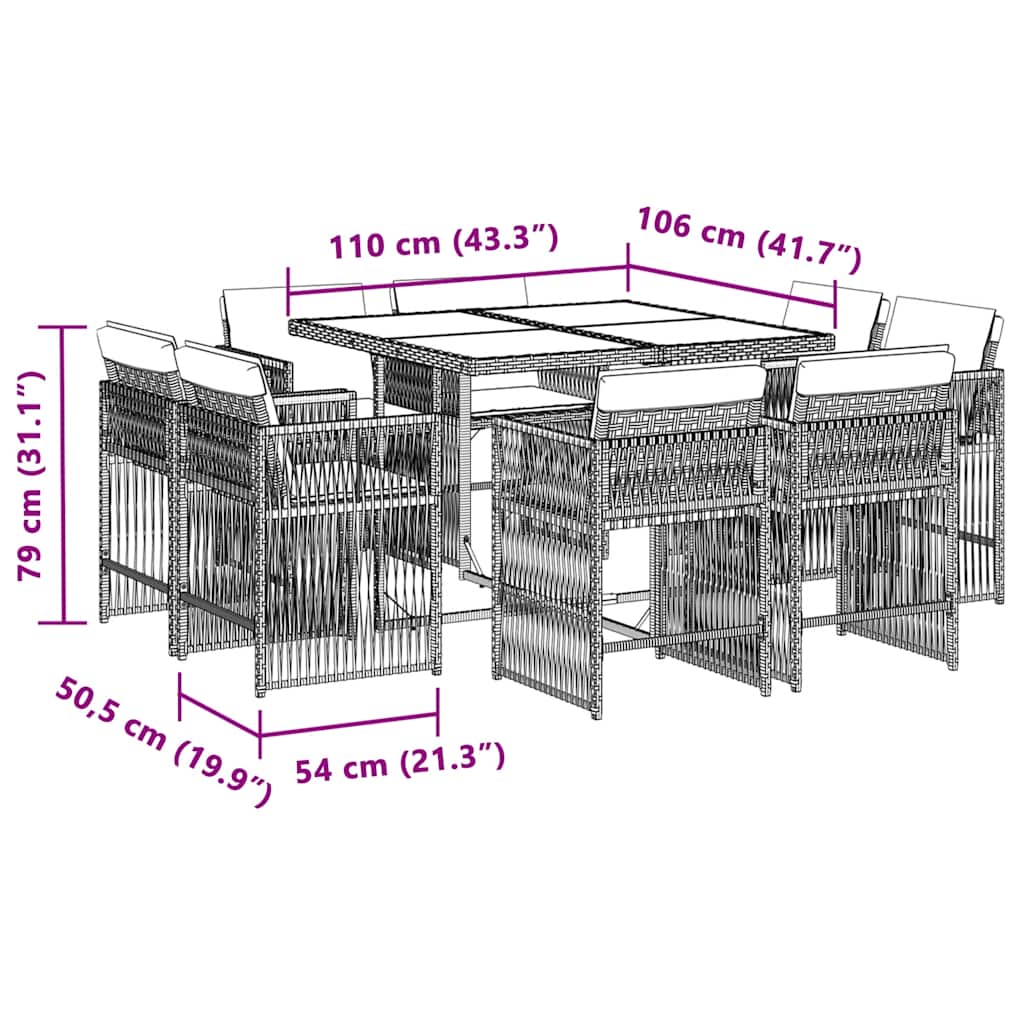 9-tlg. Garten-Essgruppe mit Kissen Beigemischung Poly Rattan