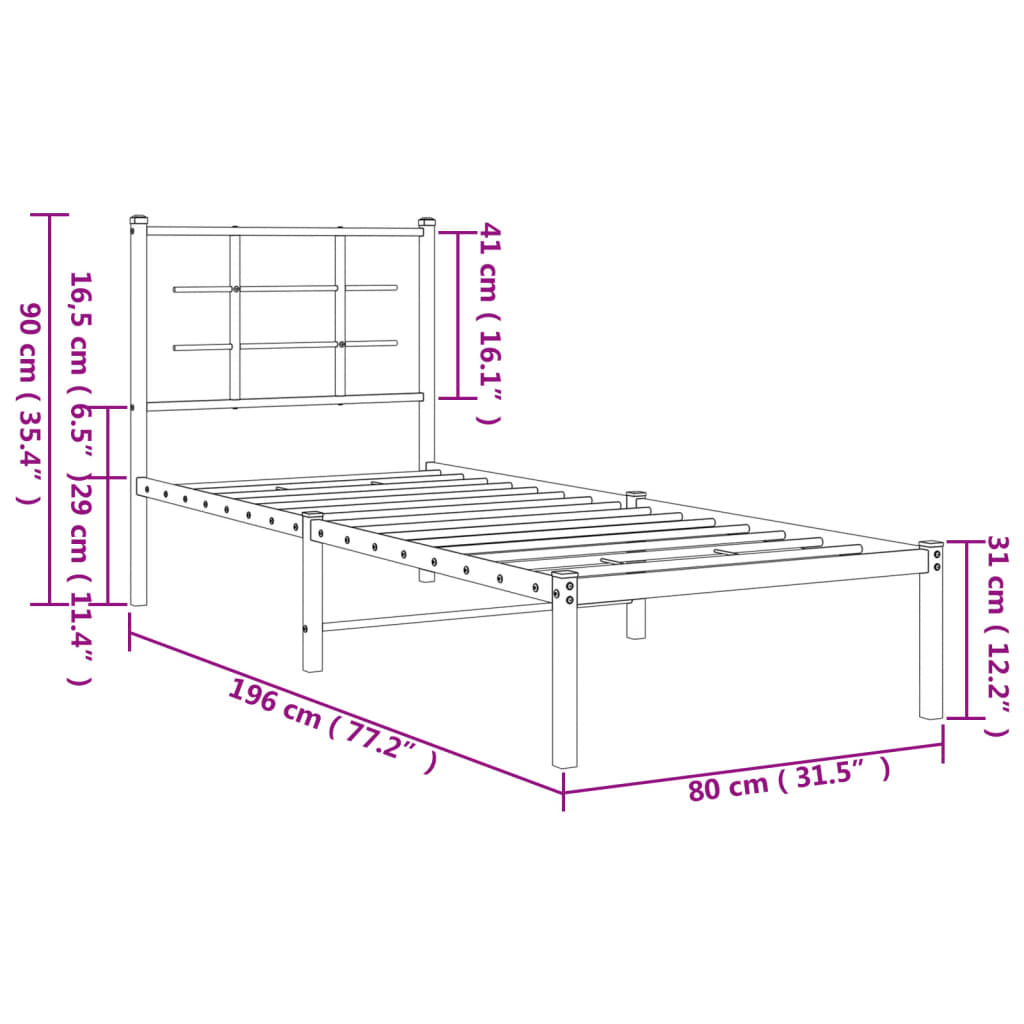 Bettgestell mit Kopfteil Metall Schwarz 75x190 cm