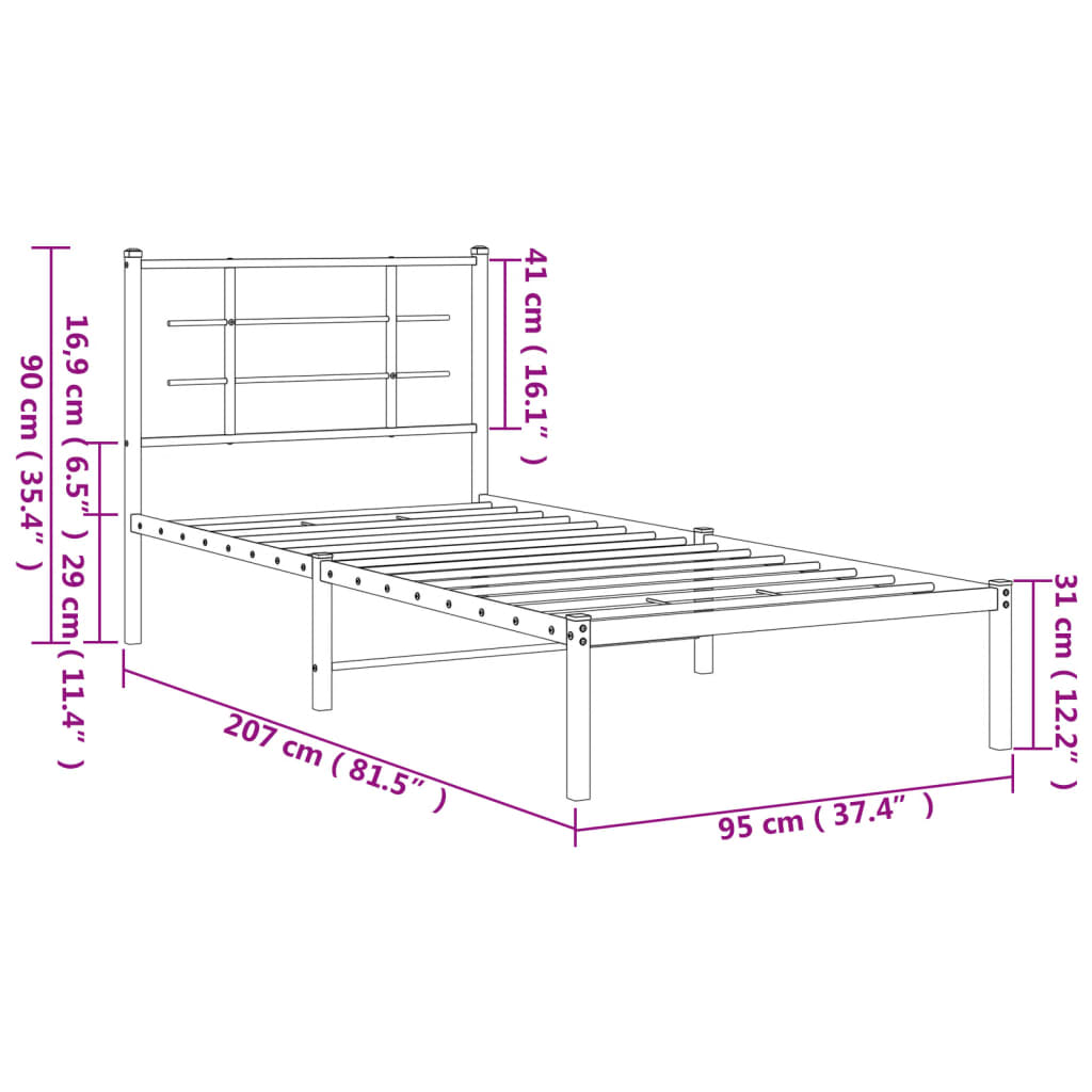 Bettgestell mit Kopfteil Metall Schwarz 90x200 cm