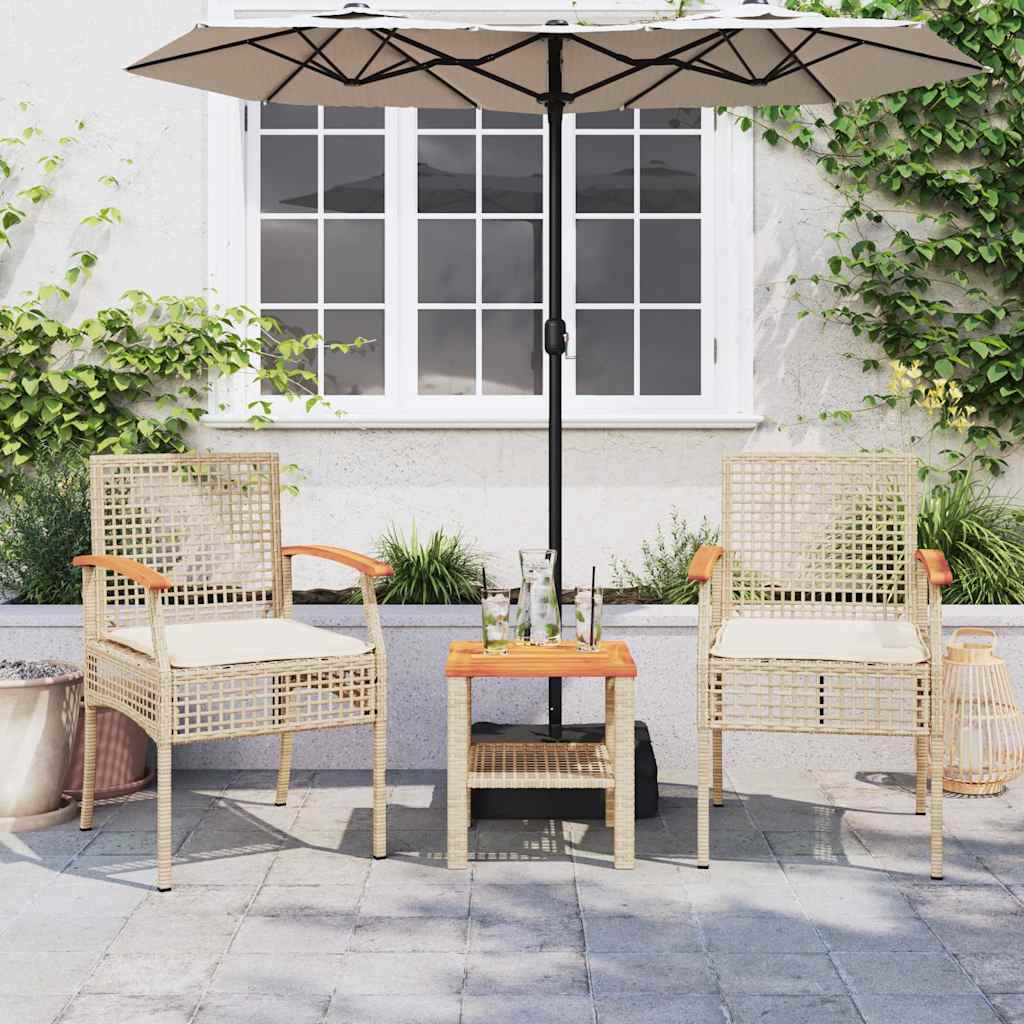 3-tlg. Bistro-Set mit Kissen Beige Poly Rattan Akazienholz