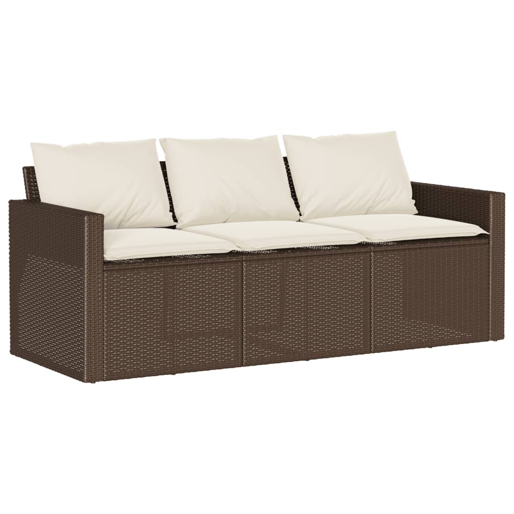 Gartensofa mit Kissen 3-Sitzer Braun Poly Rattan