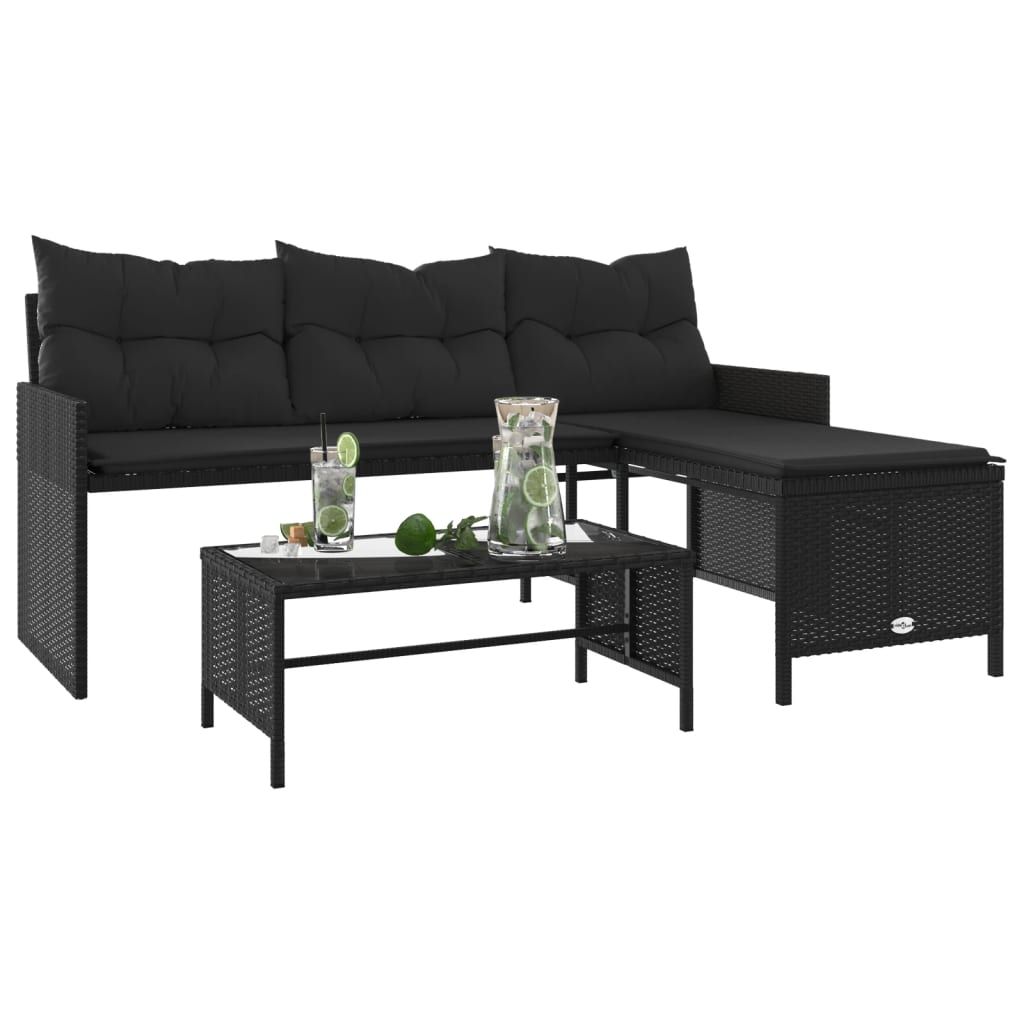 Gartensofa in L-Form mit Tisch und Kissen Schwarz Poly Rattan