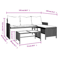 Gartensofa in L-Form mit Tisch und Kissen Schwarz Poly Rattan