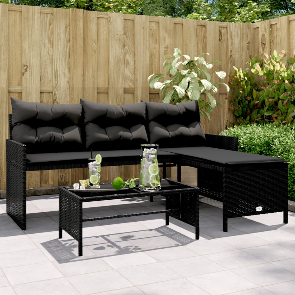 Gartensofa in L-Form mit Tisch und Kissen Schwarz Poly Rattan