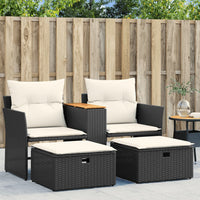 Gartensofa 2-Sitzer mit Hockern Schwarz Poly Rattan