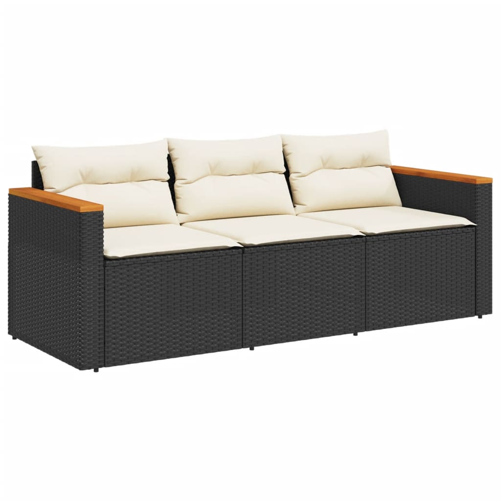 Gartensofa mit Kissen 3-Sitzer Schwarz Poly Rattan