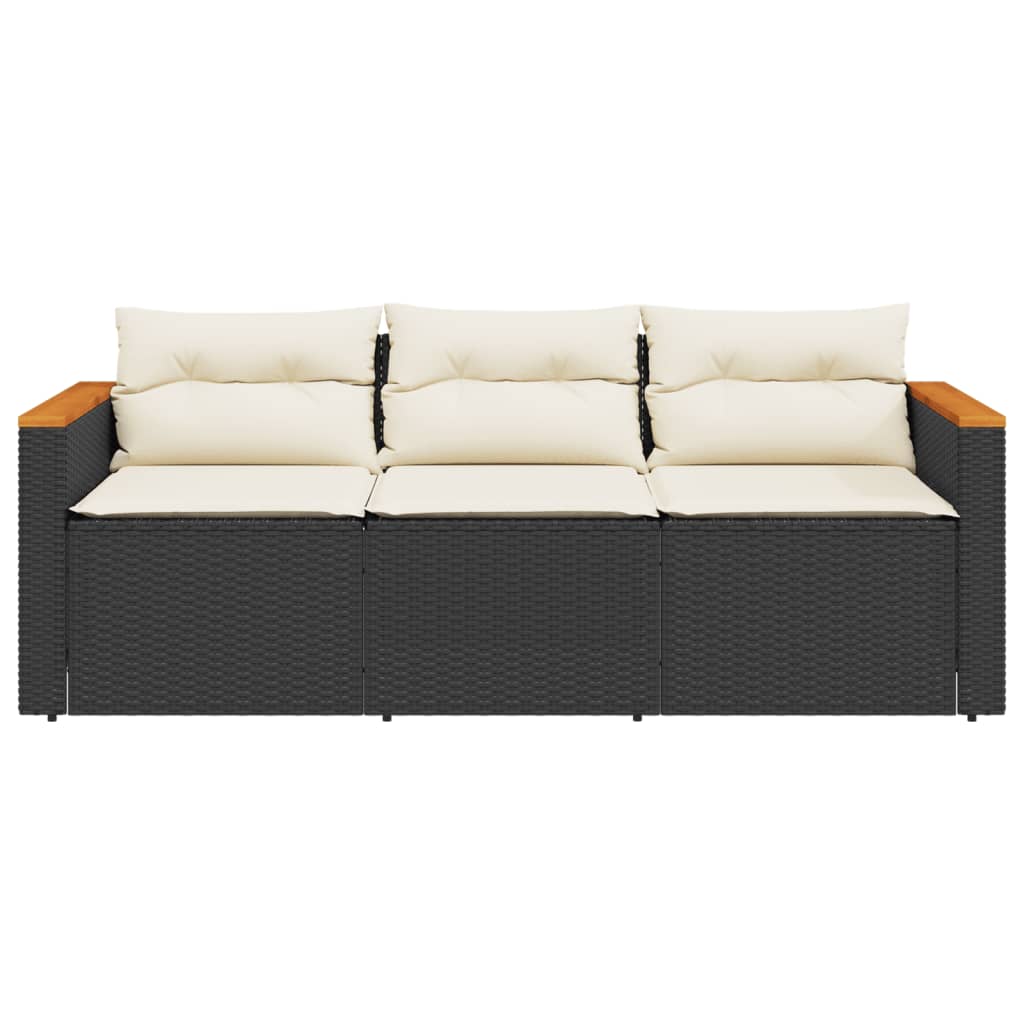 Gartensofa mit Kissen 3-Sitzer Schwarz Poly Rattan