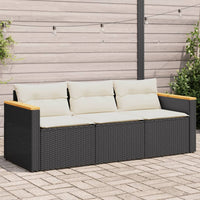 Gartensofa mit Kissen 3-Sitzer Schwarz Poly Rattan