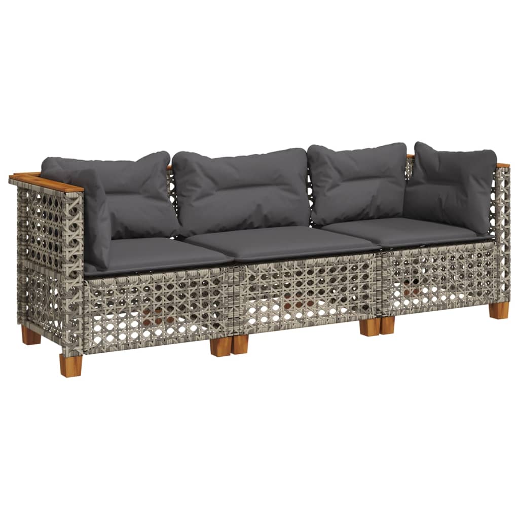 Gartensofa mit Kissen 3-Sitzer Grau Poly Rattan