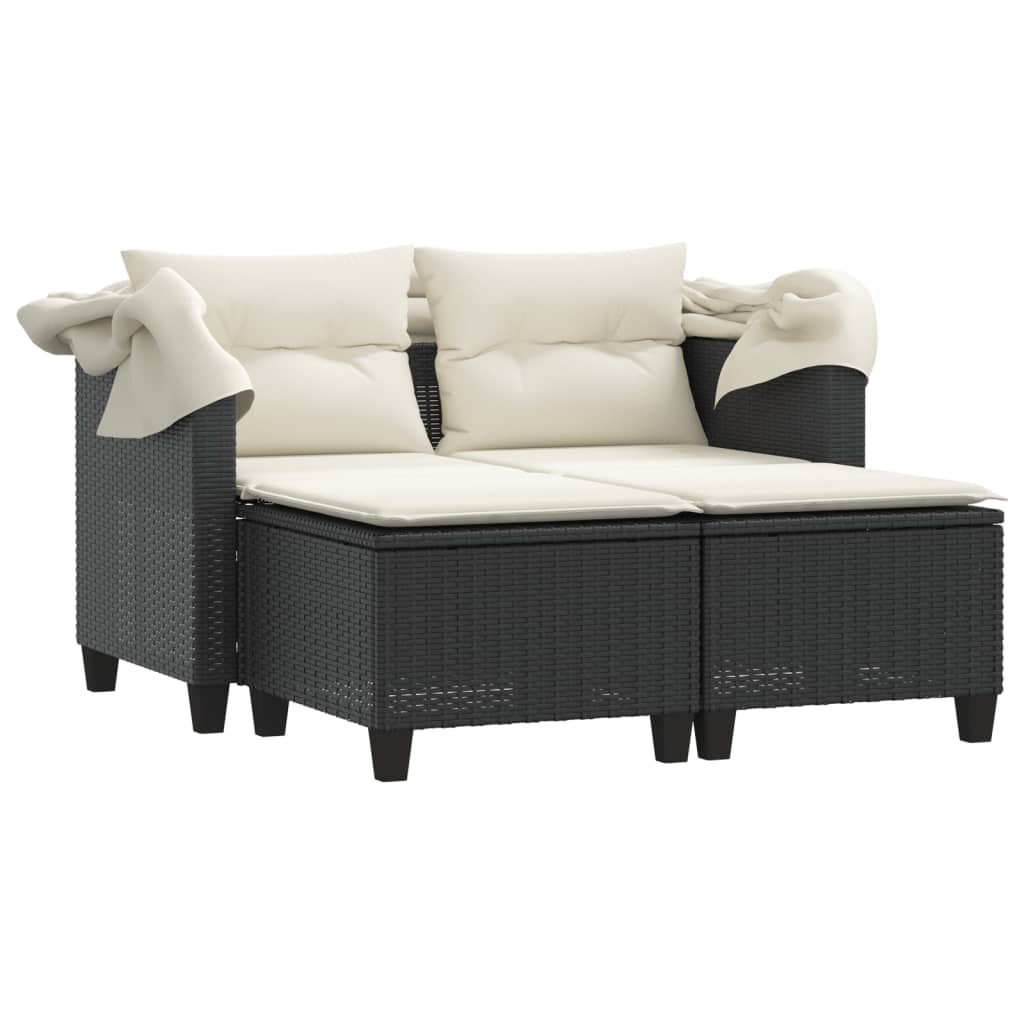 Gartensofa 2-Sitzer mit Dach und Hockern Schwarz Poly Rattan