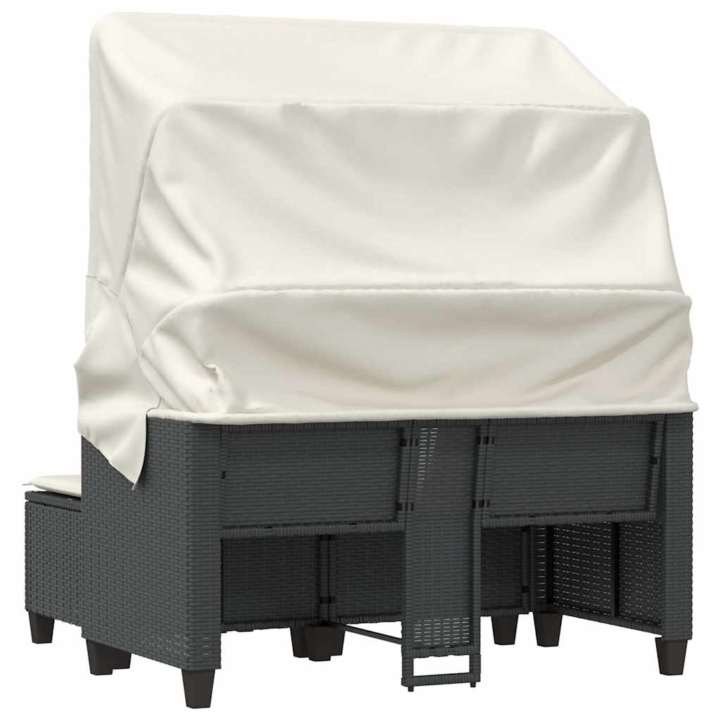 Gartensofa 2-Sitzer mit Dach und Hockern Schwarz Poly Rattan
