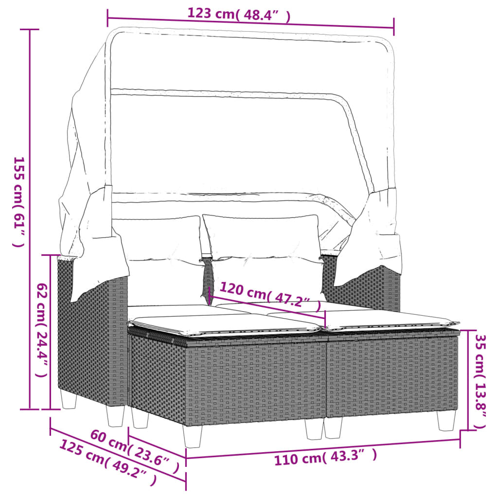 Gartensofa 2-Sitzer mit Dach und Hockern Schwarz Poly Rattan