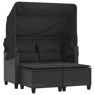 Gartensofa 2-Sitzer mit Dach und Hockern Schwarz Poly Rattan