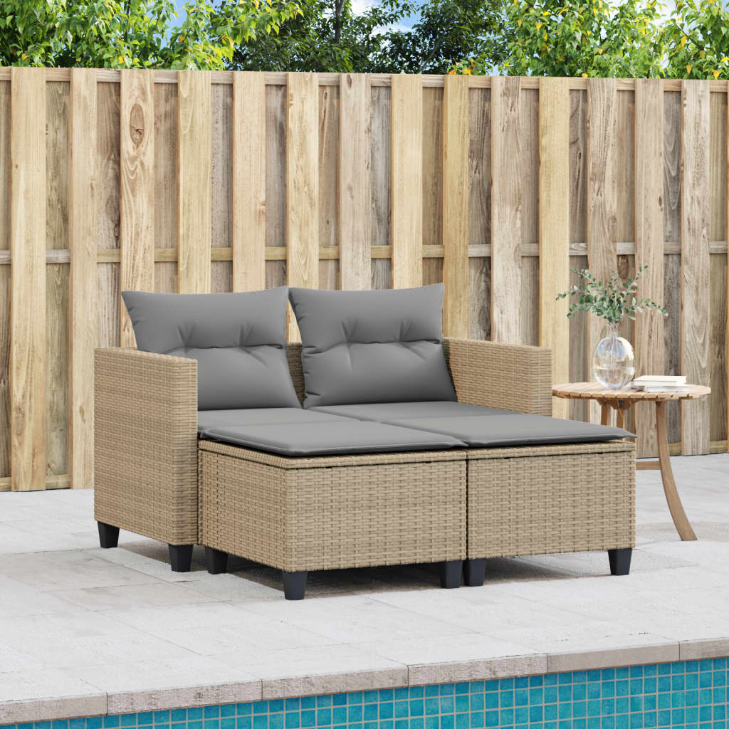 Gartensofa 2-Sitzer mit Hockern Beige Poly Rattan