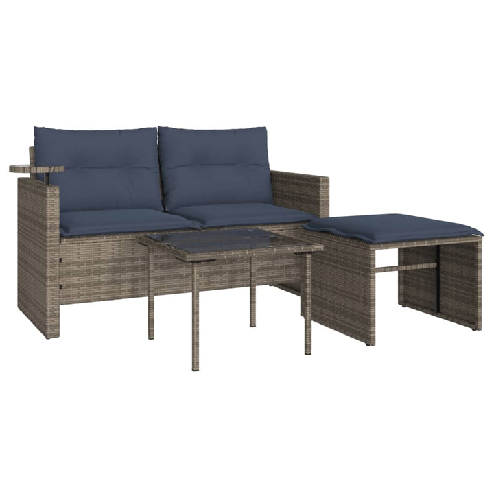 3-teiliges Gartensofa-Set mit Kissen, grau, Polyrattan