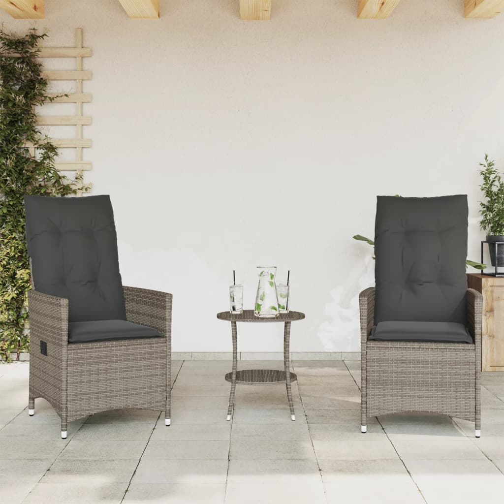 3-tlg. Bistro-Set mit Kissen Grau Poly Rattan