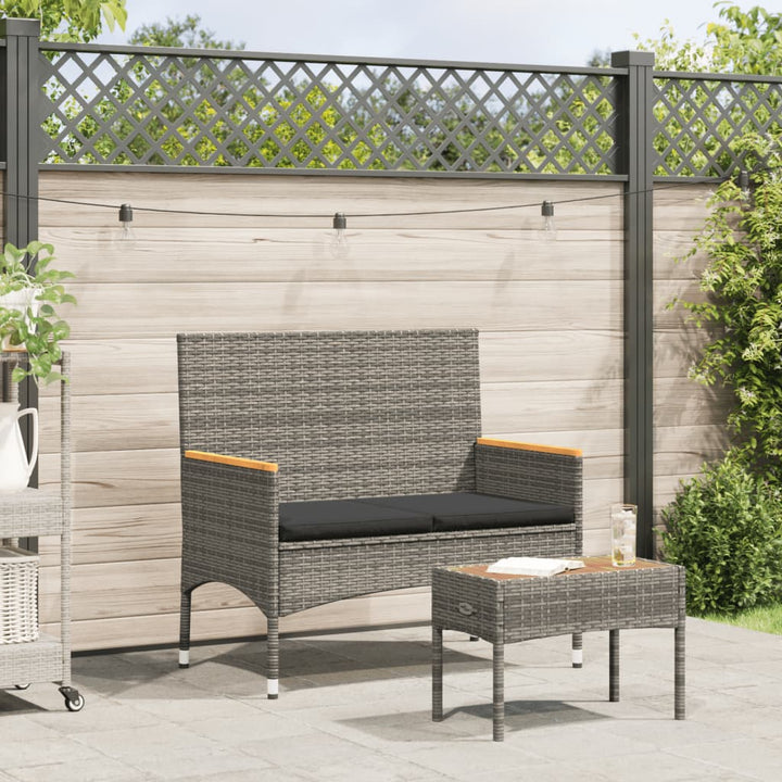 Gartenbank 2-Sitzer mit Kissen und Tisch Grau Poly Rattan