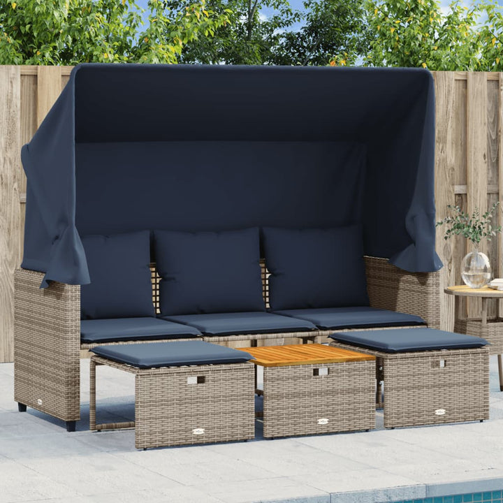 Gartensofa 3-Sitzer mit Baldachin und Hockern Grau Poly Rattan