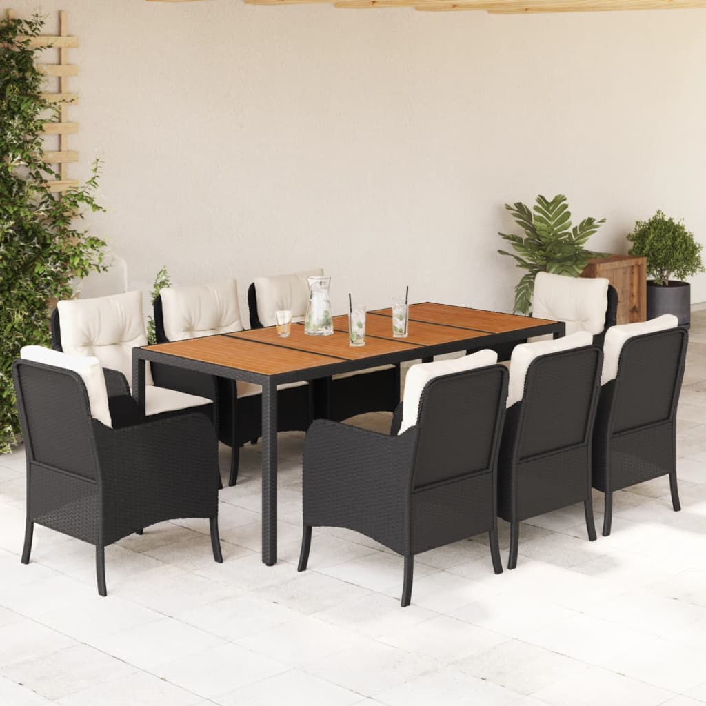 9-tlg. Garten-Essgruppe mit Kissen Schwarz Poly Rattan