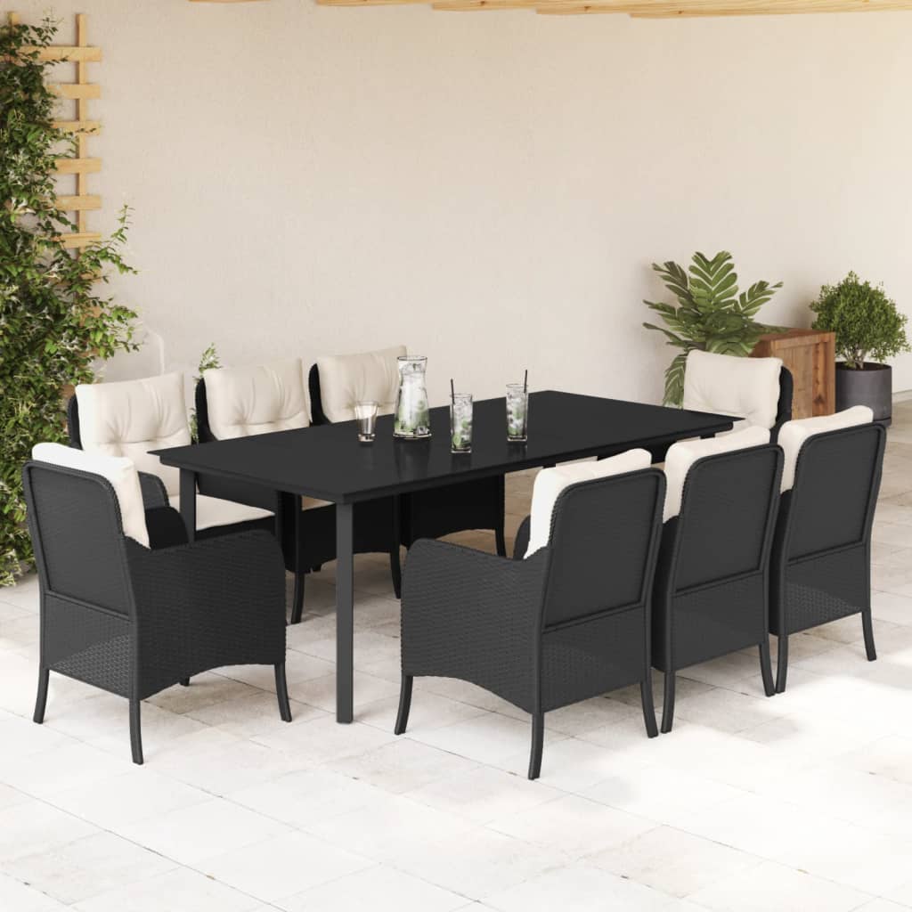 9-tlg. Garten-Essgruppe mit Kissen Schwarz Poly Rattan