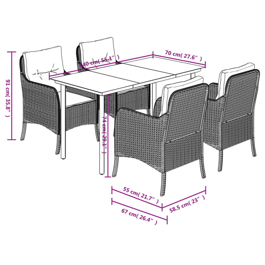 5-tlg. Garten-Essgruppe mit Kissen Schwarz Poly Rattan