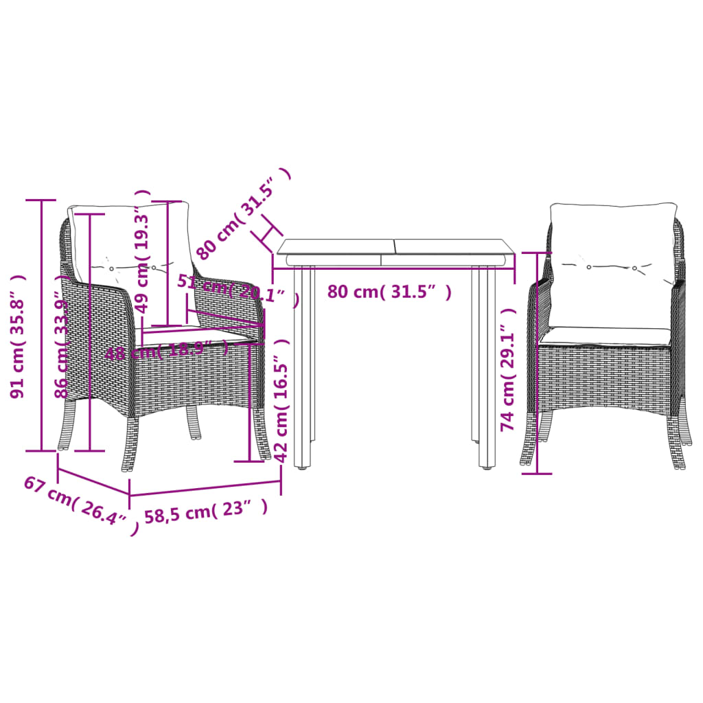 3-tlg. Garten-Essgruppe mit Kissen Hellgrau Poly Rattan