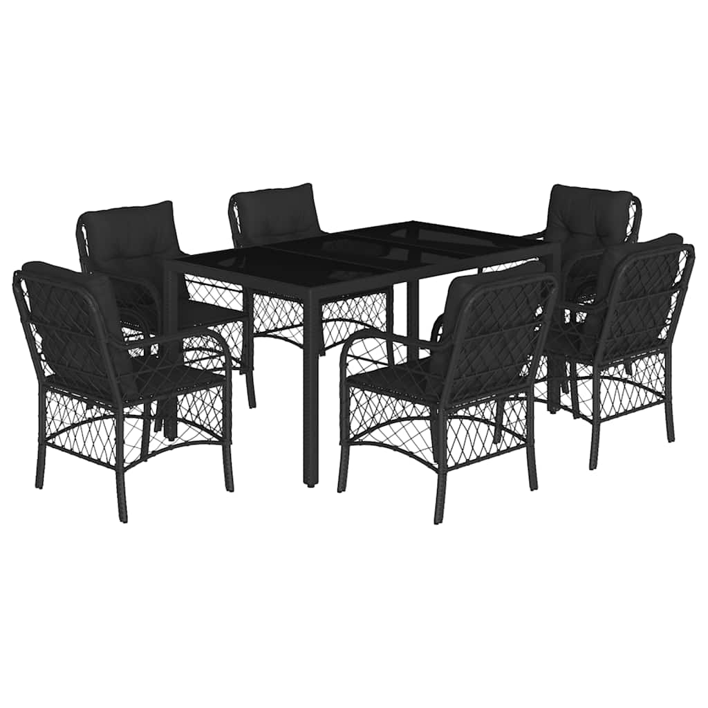7-tlg. Garten-Essgruppe mit Kissen Schwarz Poly Rattan