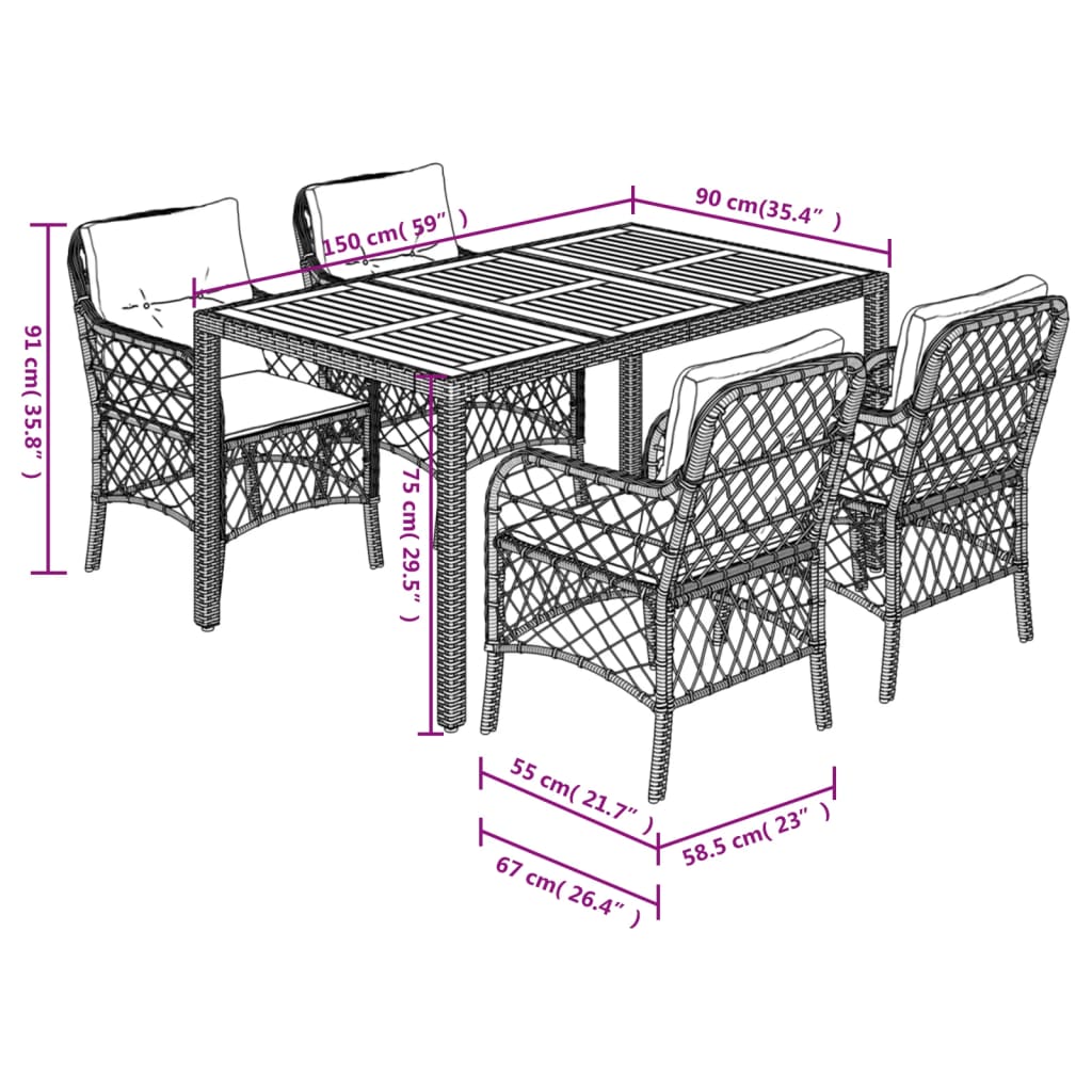 5-tlg. Garten-Essgruppe mit Kissen Schwarz Poly Rattan