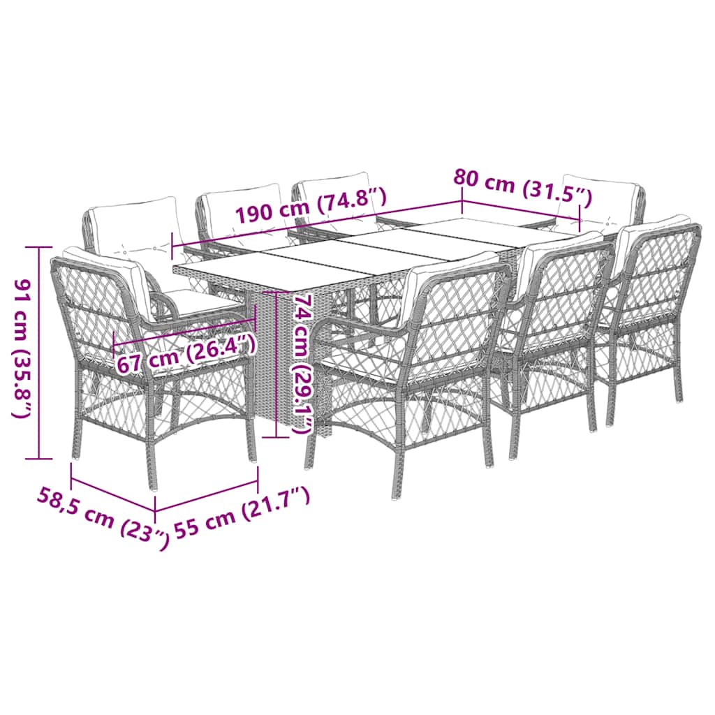 9-tlg. Garten-Essgruppe mit Kissen Schwarz Poly Rattan