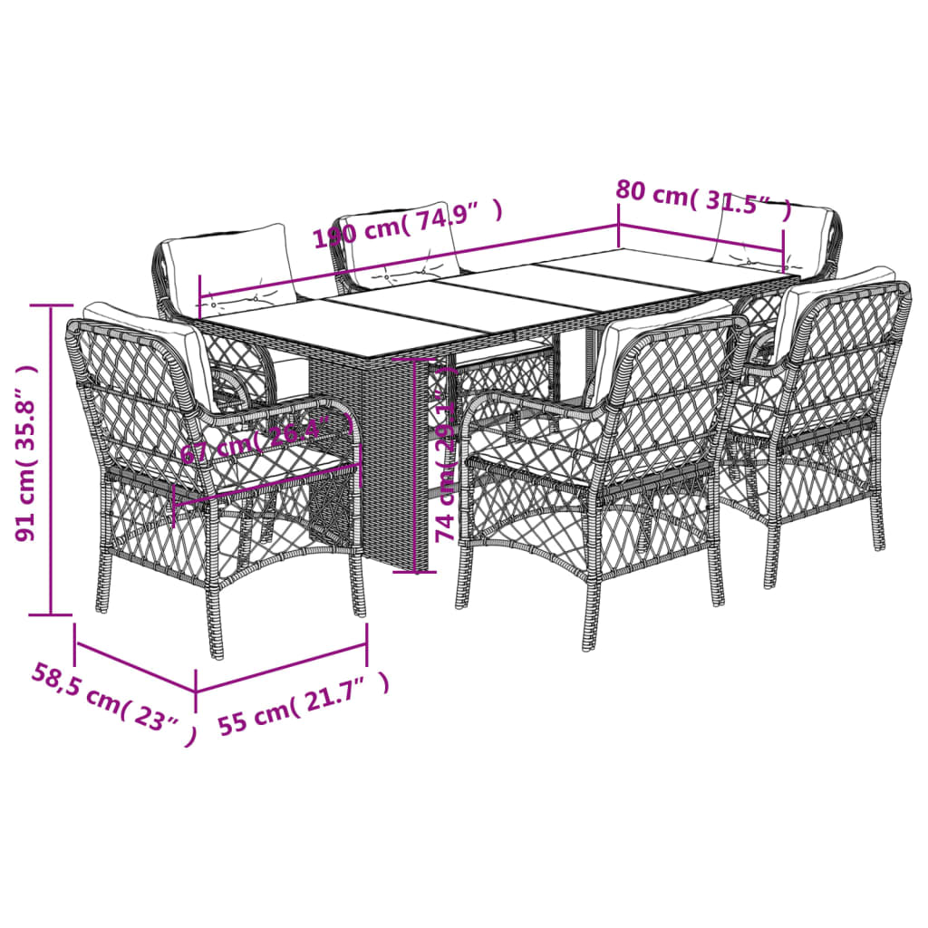 7-tlg. Garten-Essgruppe mit Kissen Braun Poly Rattan