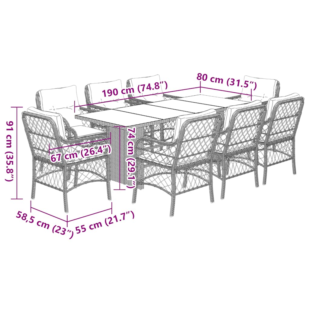9-tlg. Garten-Essgruppe mit Kissen Beigemischung Poly Rattan