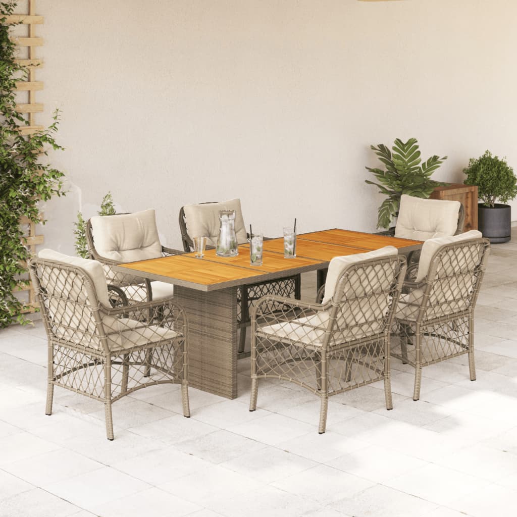 7-tlg. Garten-Essgruppe mit Kissen Beige Poly Rattan