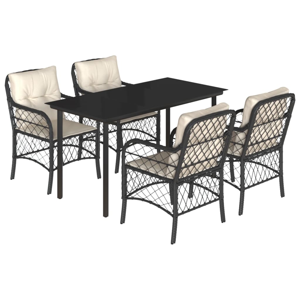 5-tlg. Garten-Essgruppe mit Kissen Schwarz Poly Rattan