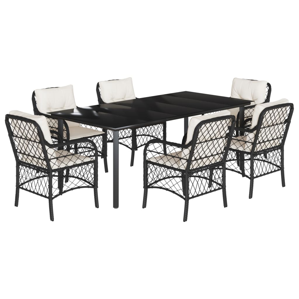 7-tlg. Garten-Essgruppe mit Kissen Schwarz Poly Rattan