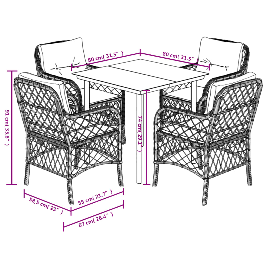 5-tlg. Garten-Essgruppe mit Kissen Braun Poly Rattan