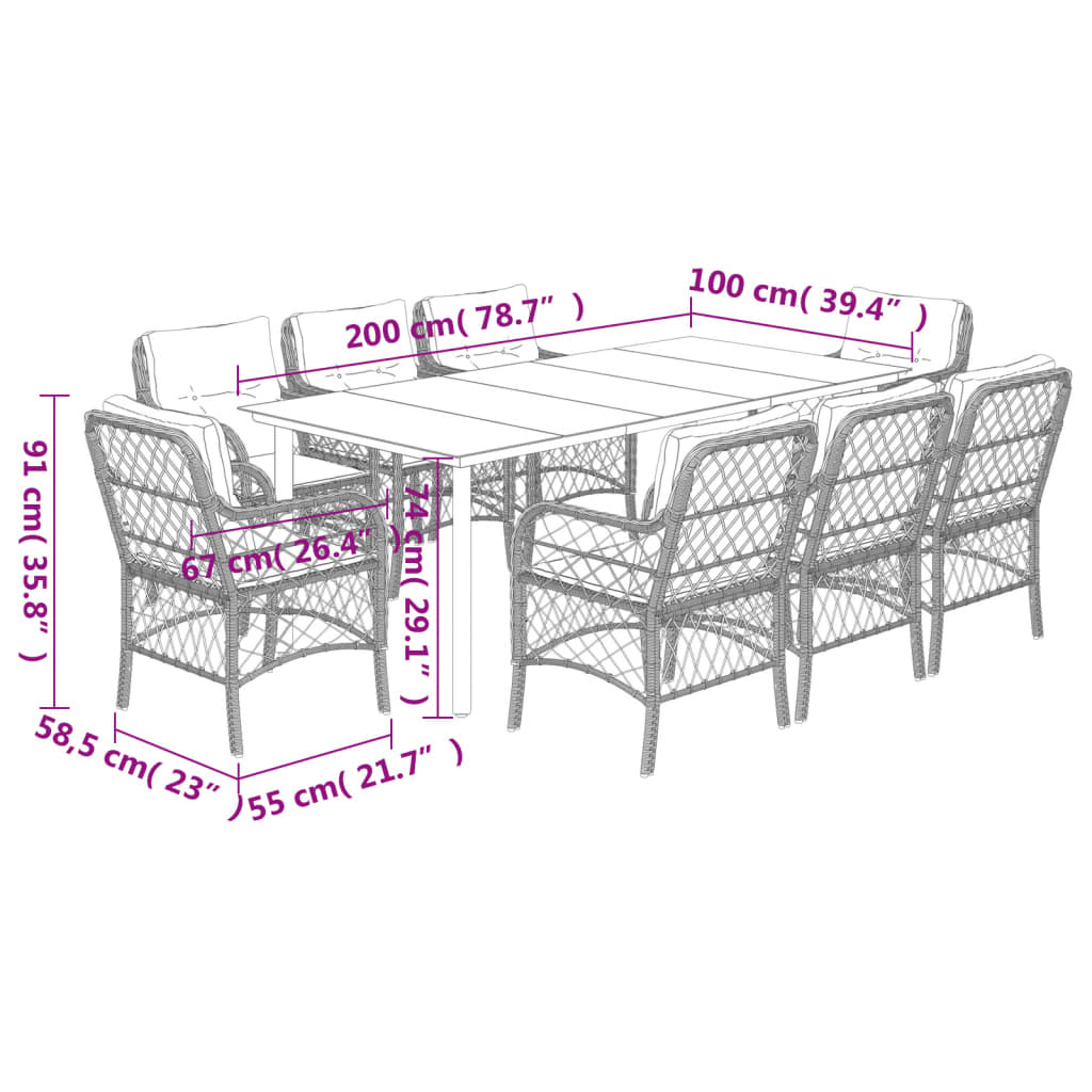 9-tlg. Garten-Essgruppe mit Kissen Braun Poly Rattan