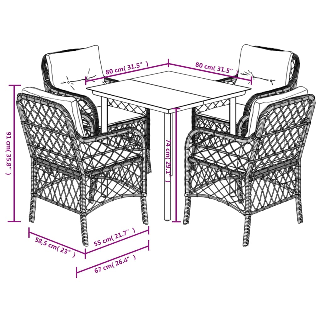5-tlg. Garten-Essgruppe mit Kissen Grau Poly Rattan