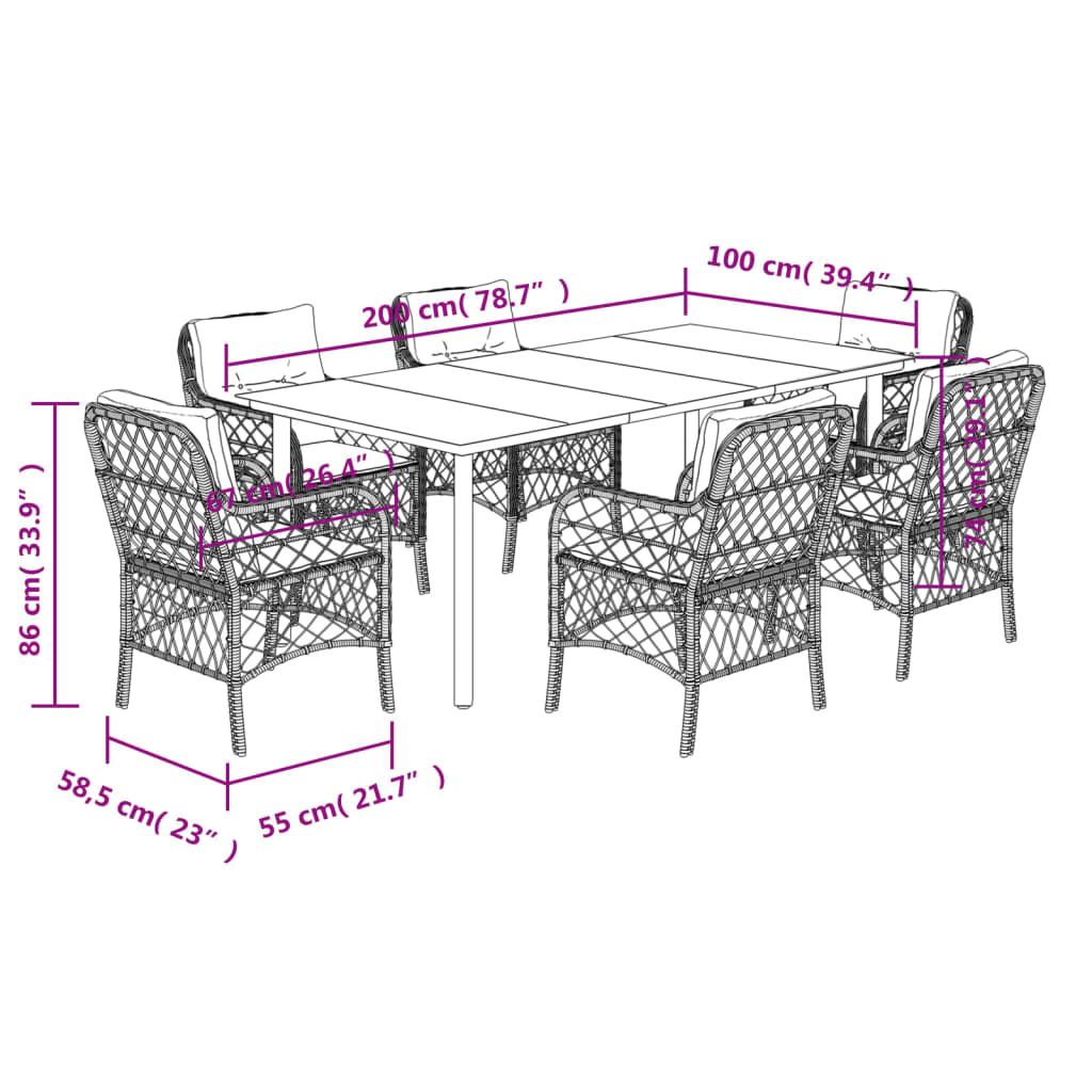 7-tlg. Garten-Essgruppe mit Kissen Grau Poly Rattan