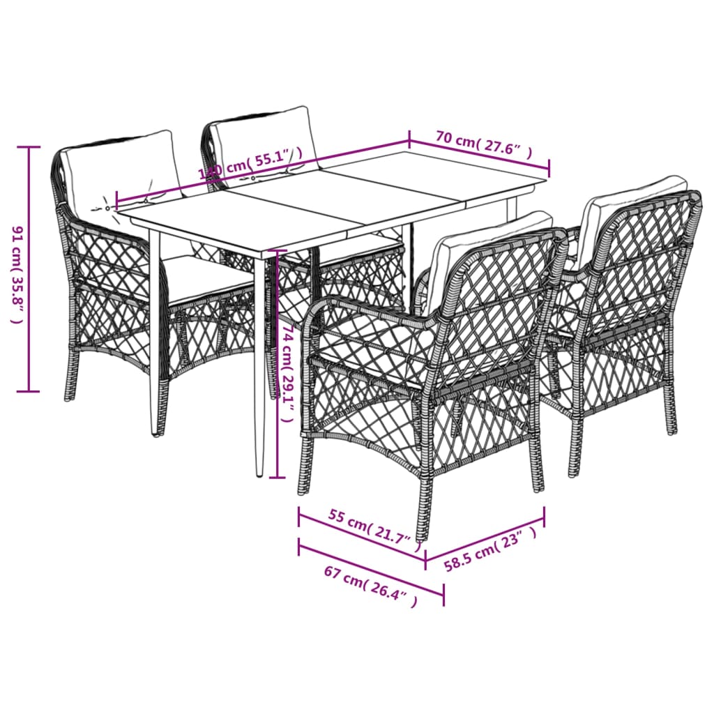 5-tlg. Garten-Essgruppe mit Kissen Beige Poly Rattan