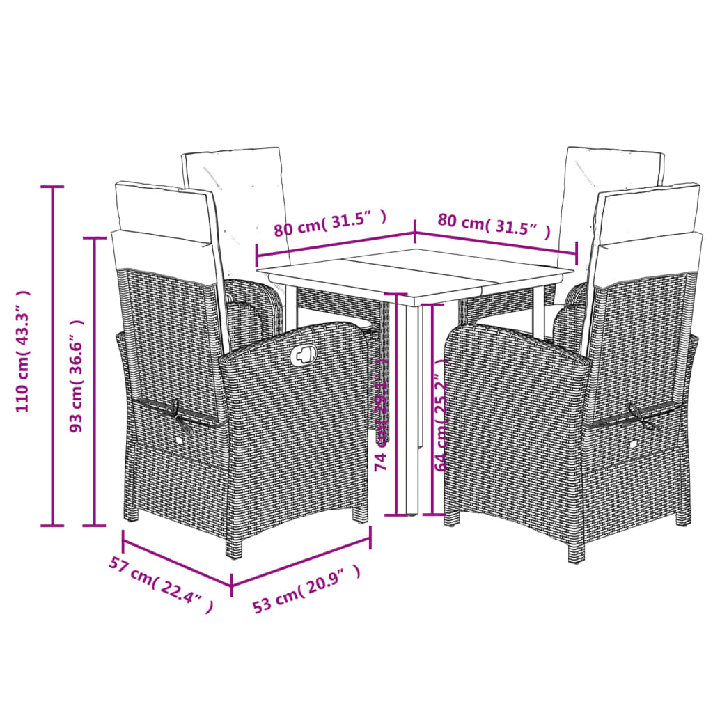 5-tlg. Garten-Essgruppe mit Kissen Braun Poly Rattan